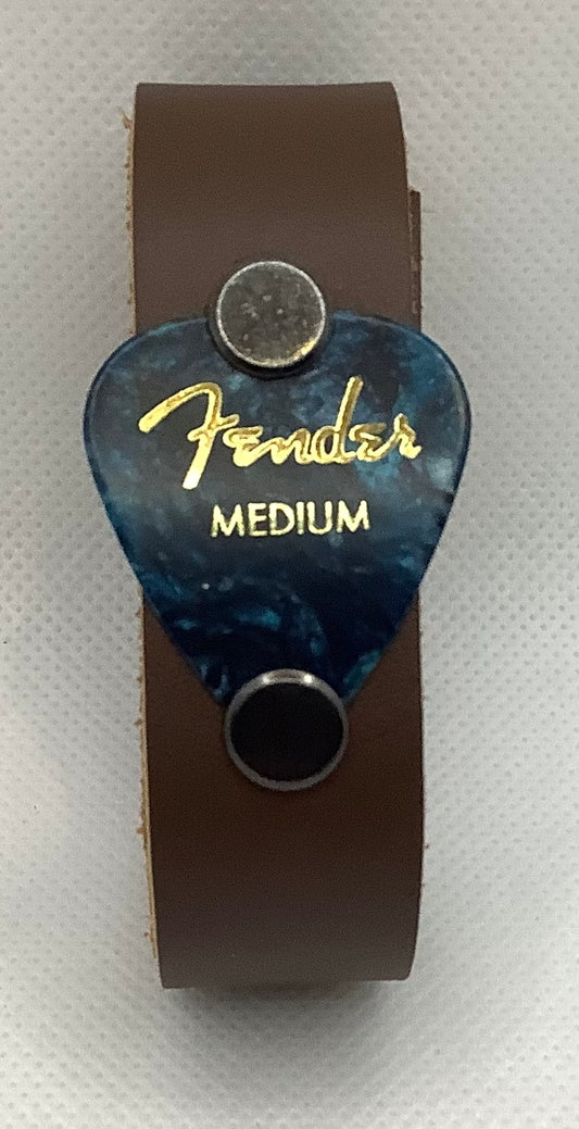 Leather Bracelet with Blue Fender Pick